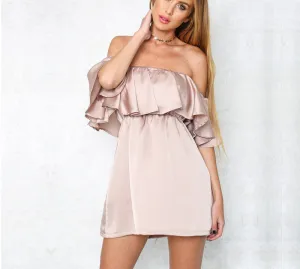 Off the Shoulder Slash Neck Ruffled Satin Party Dresses Ukraine Summer Women Club Mini Silky Slim Shape Princess Dress