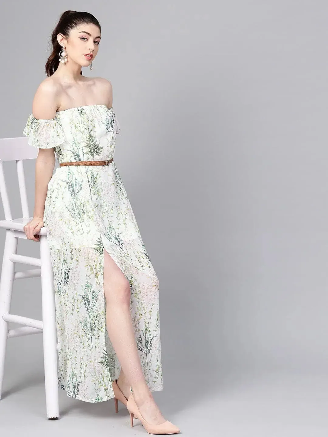 Off-White Floral Off Shoulder Belted Maxi