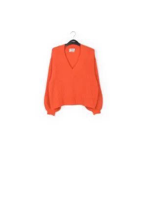 Orange ribbed-knit V-neck sweater