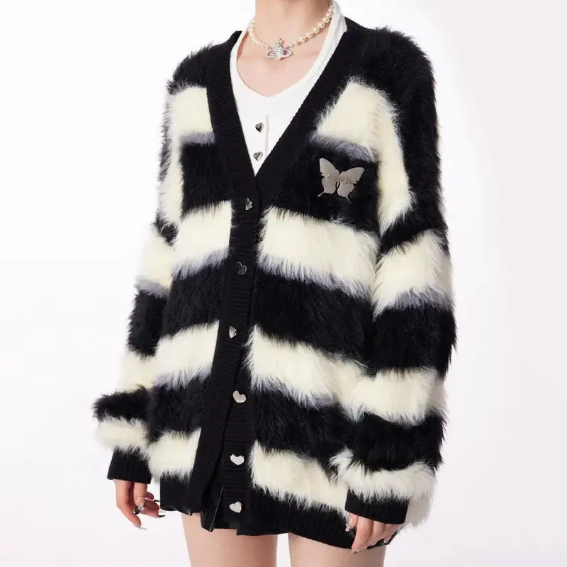 Oversized Fuzzy Butterfly Cardigan in Striped Y2K Style