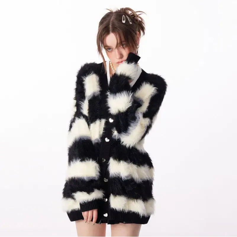 Oversized Fuzzy Butterfly Cardigan in Striped Y2K Style
