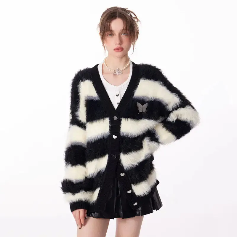 Oversized Fuzzy Butterfly Cardigan in Striped Y2K Style