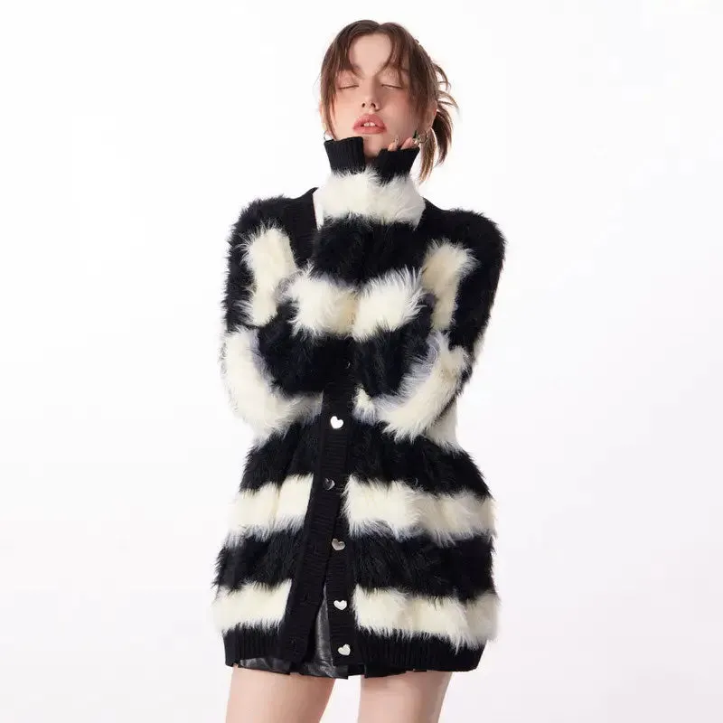 Oversized Fuzzy Butterfly Cardigan in Striped Y2K Style