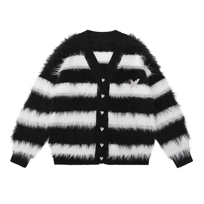Oversized Fuzzy Butterfly Cardigan in Striped Y2K Style
