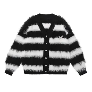 Oversized Fuzzy Butterfly Cardigan in Striped Y2K Style