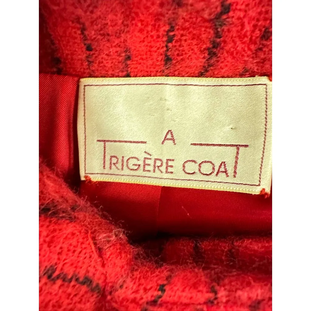 Pauline Trigere Coat Vintage Wool Sz 6/S  Red Black Stripe Fuzzy 1970s-80s