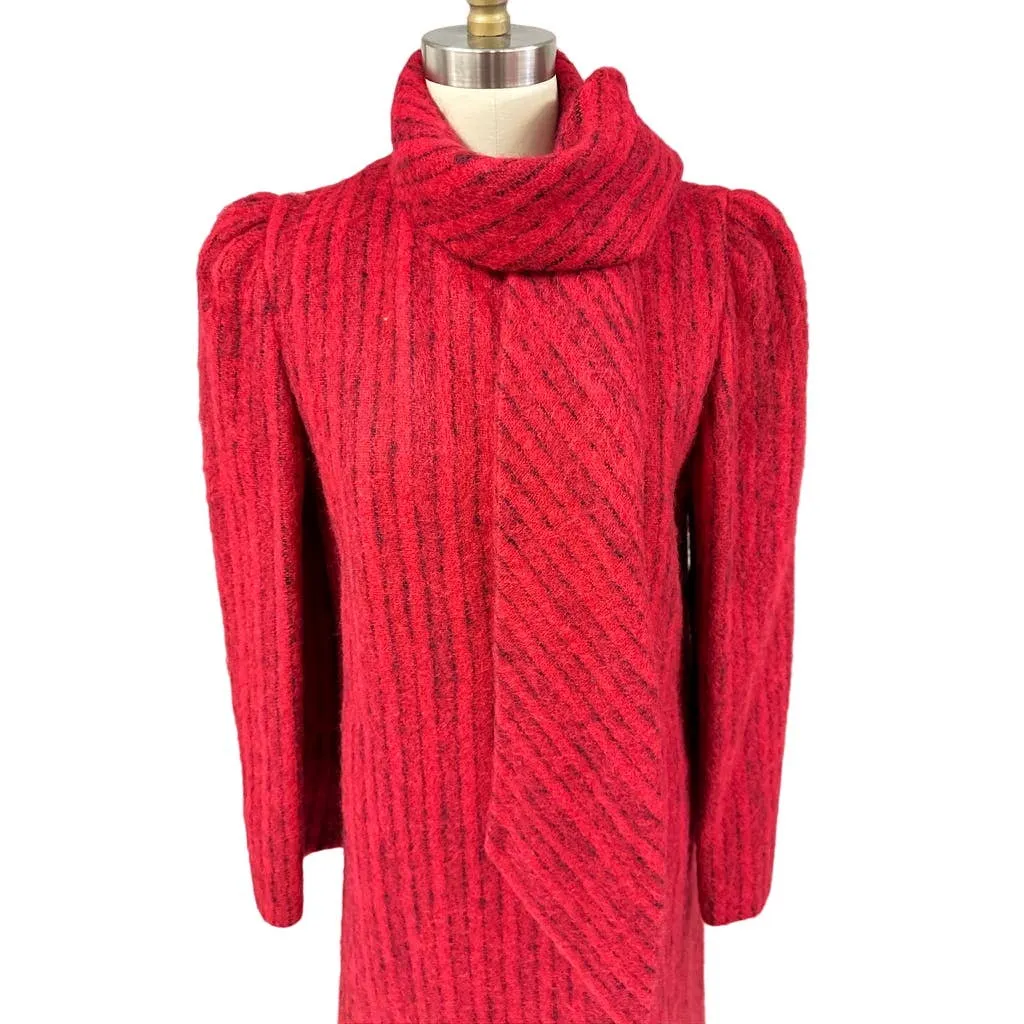 Pauline Trigere Coat Vintage Wool Sz 6/S  Red Black Stripe Fuzzy 1970s-80s