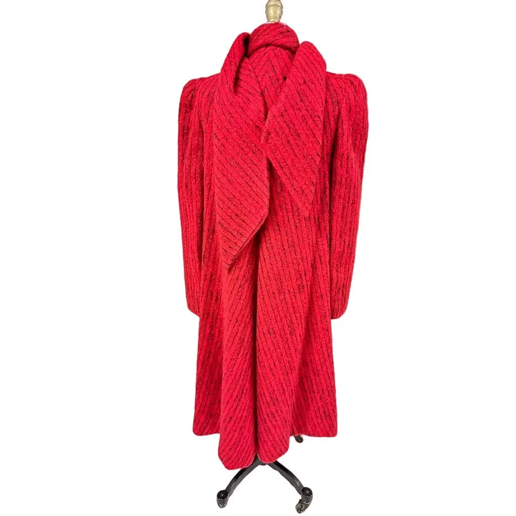 Pauline Trigere Coat Vintage Wool Sz 6/S  Red Black Stripe Fuzzy 1970s-80s