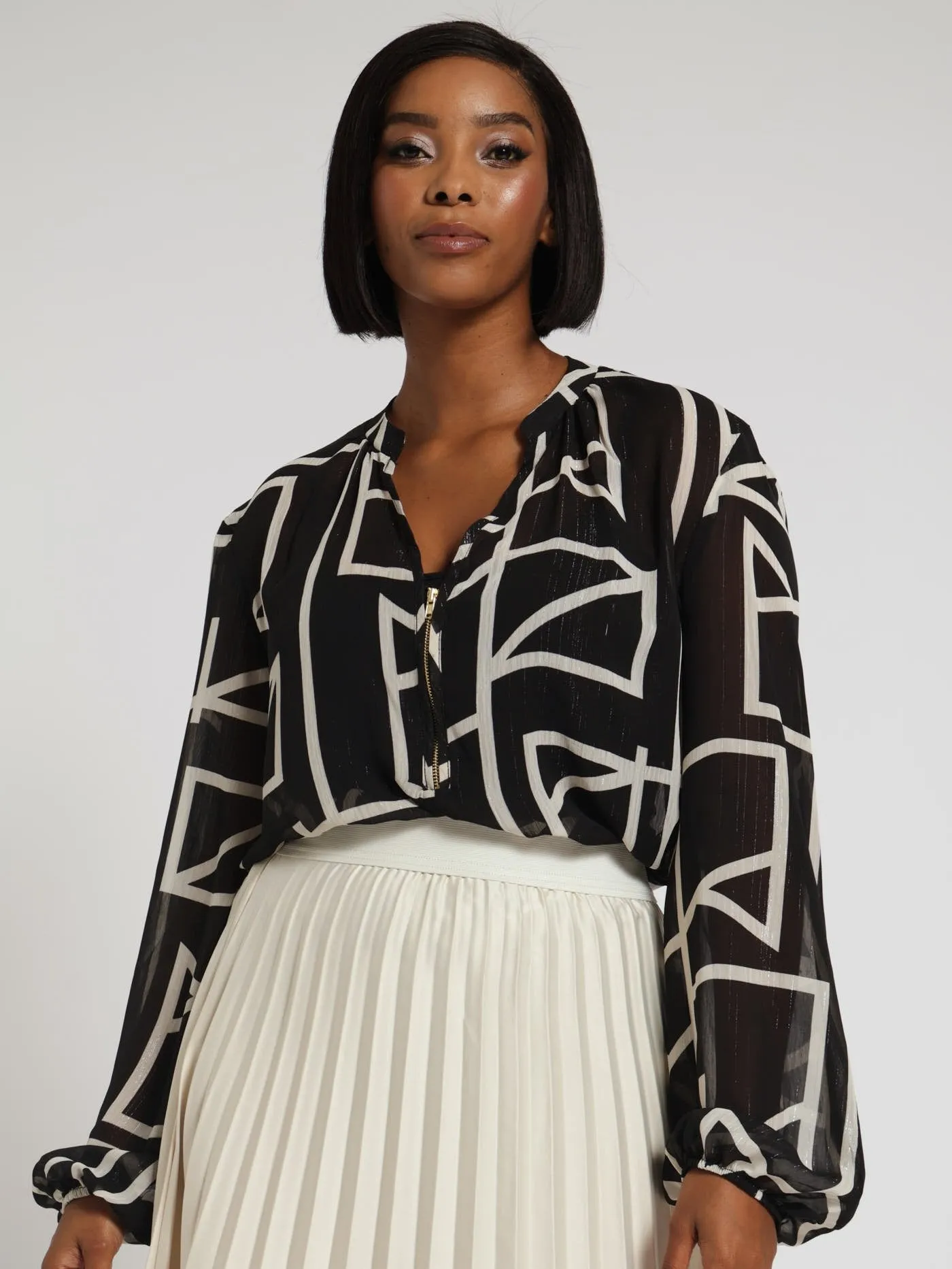 Peasant Zip Detail Blouse - Black/White