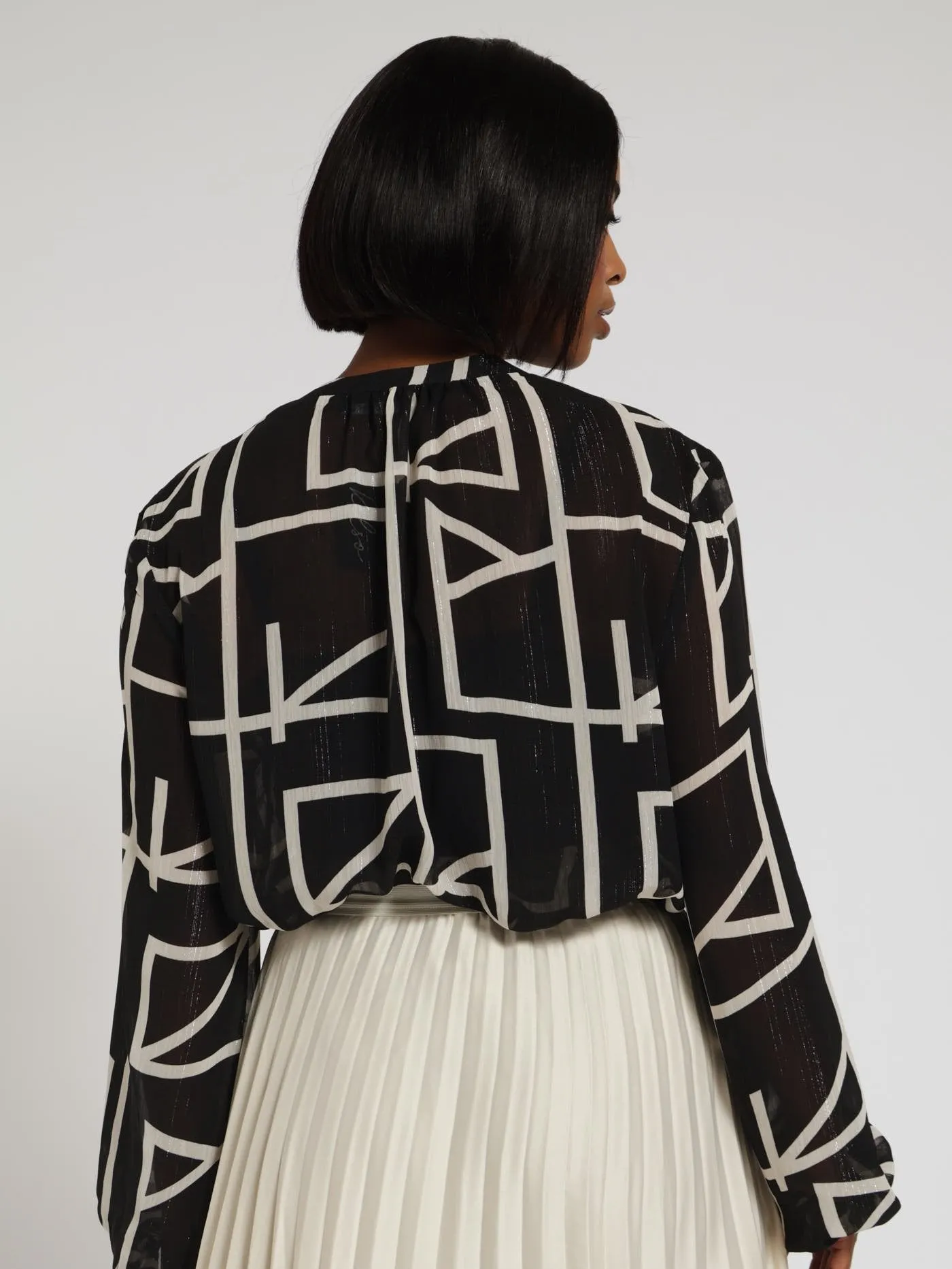 Peasant Zip Detail Blouse - Black/White