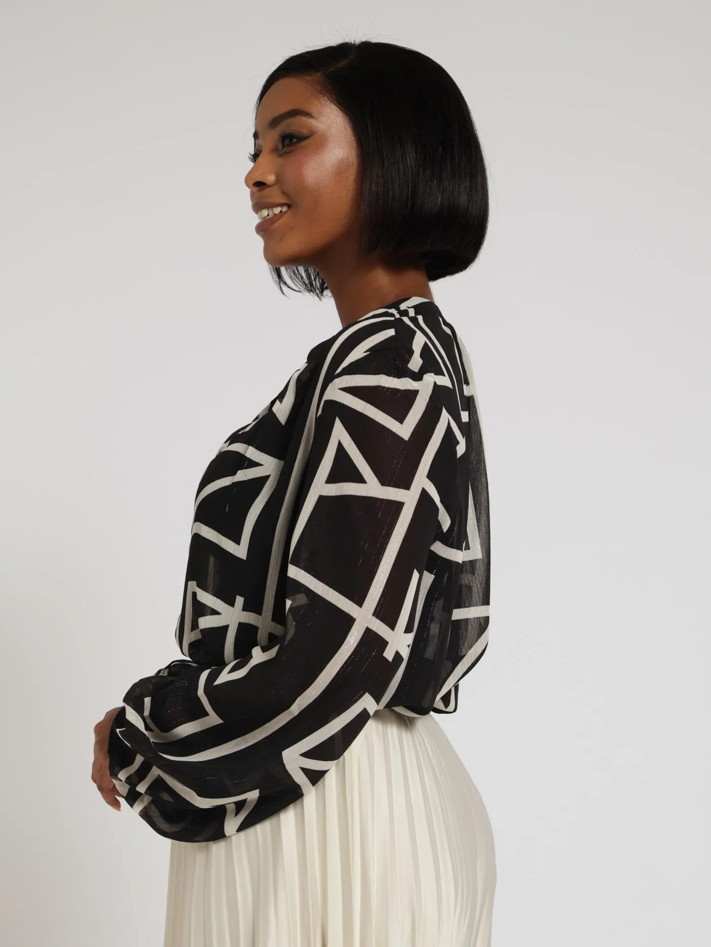 Peasant Zip Detail Blouse - Black/White