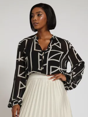 Peasant Zip Detail Blouse - Black/White