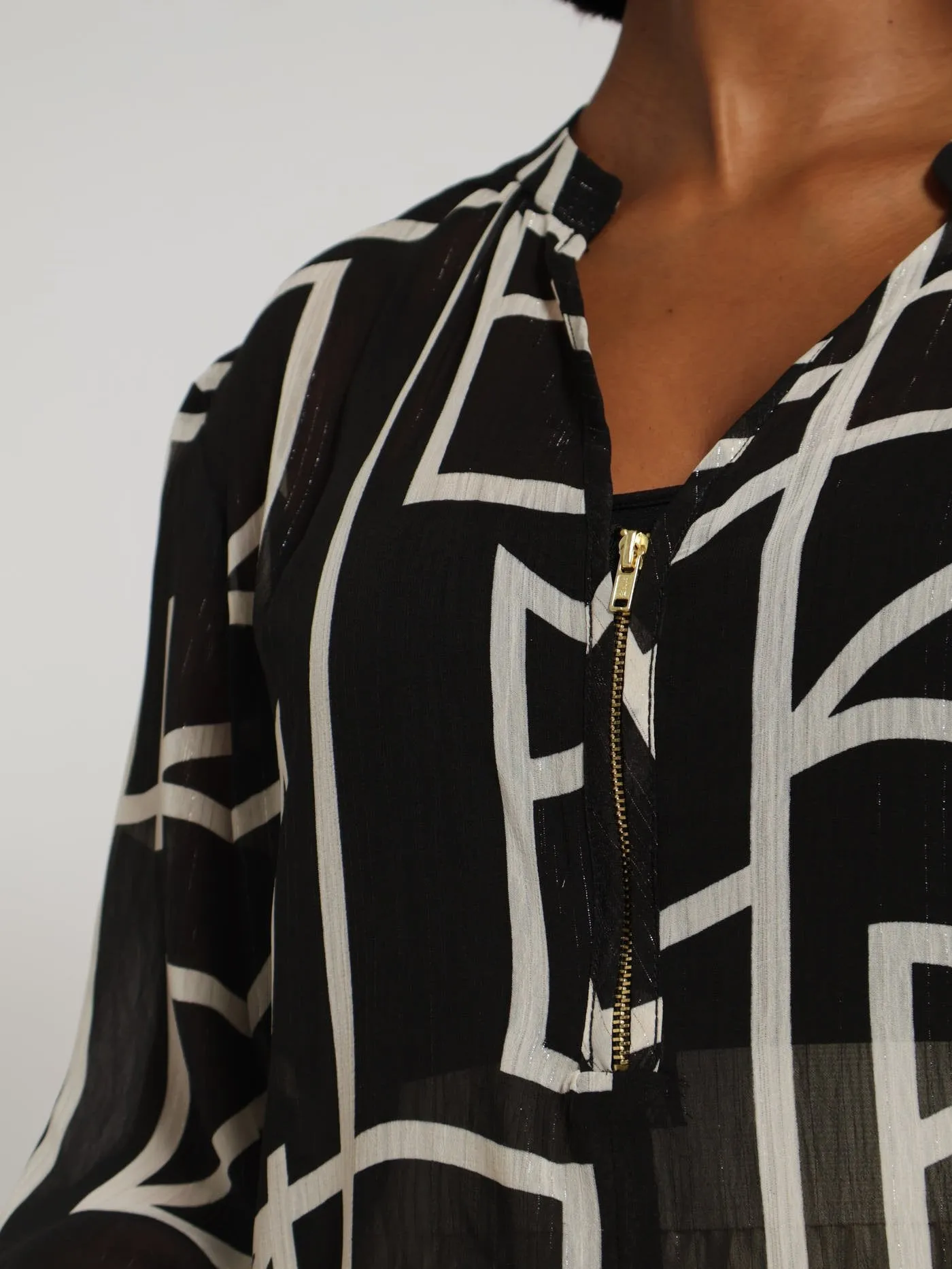 Peasant Zip Detail Blouse - Black/White