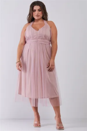 Plus Halter Neck Sleeveless Mesh High-waisted Midi Dress
