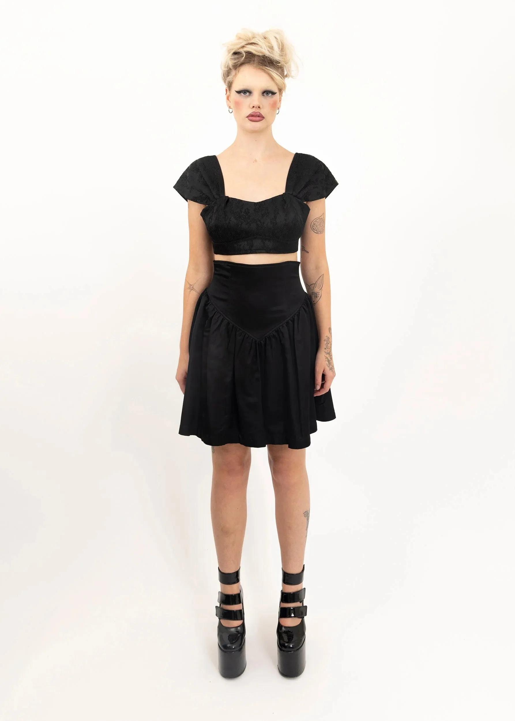 Puff sleeve floral jacquard bustier top