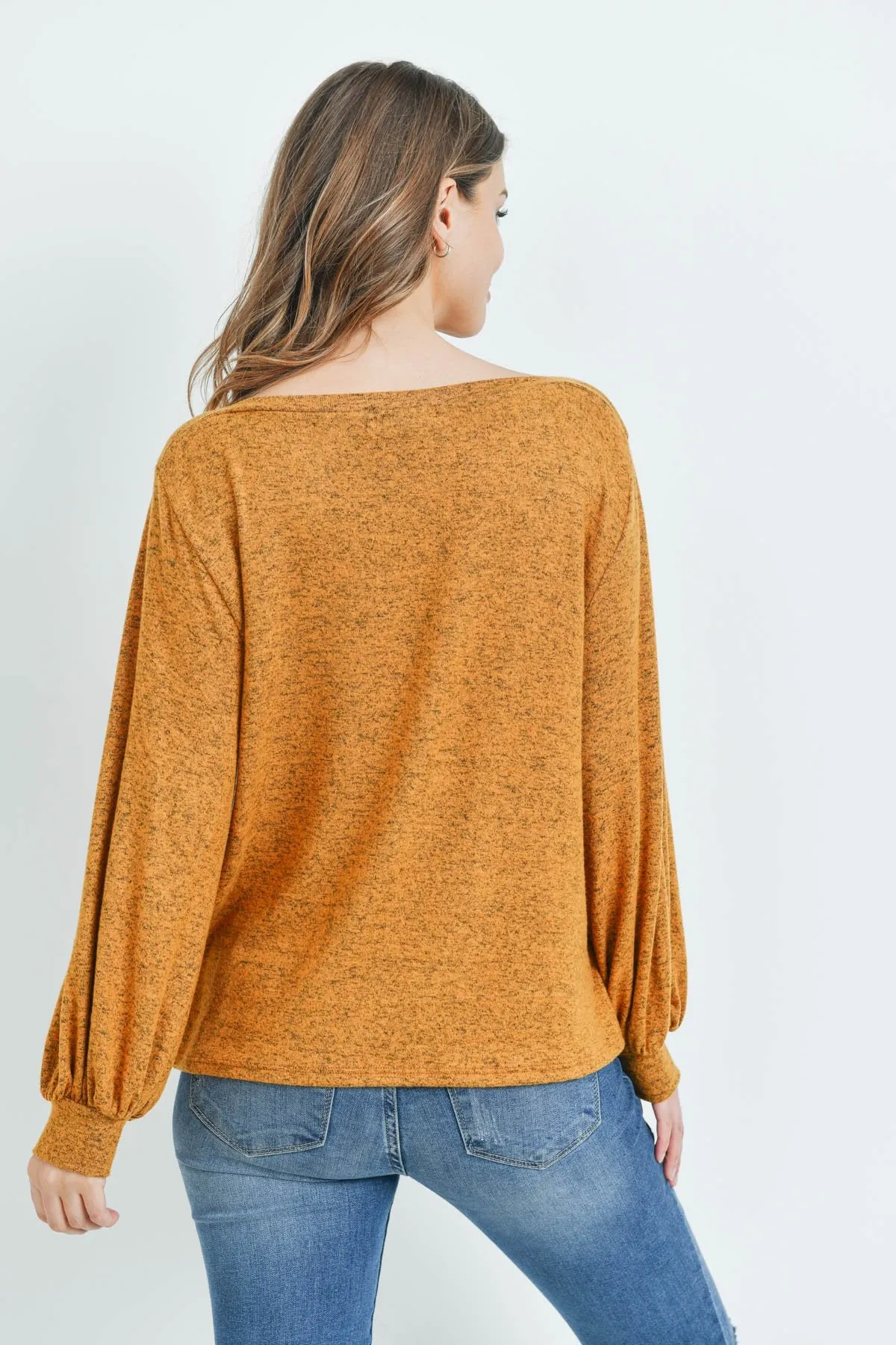 Puff Sleeved Boat Neck Two Toned Brushed Hacci Top