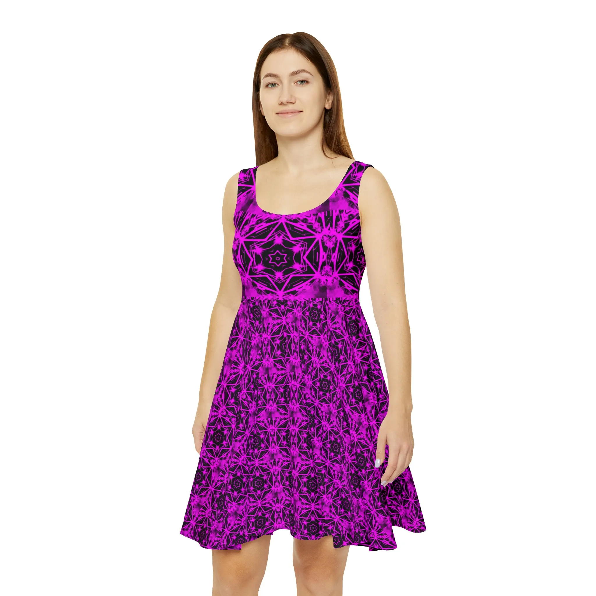 Purple Stars Pattern Printed Skater Dress up to 2XL