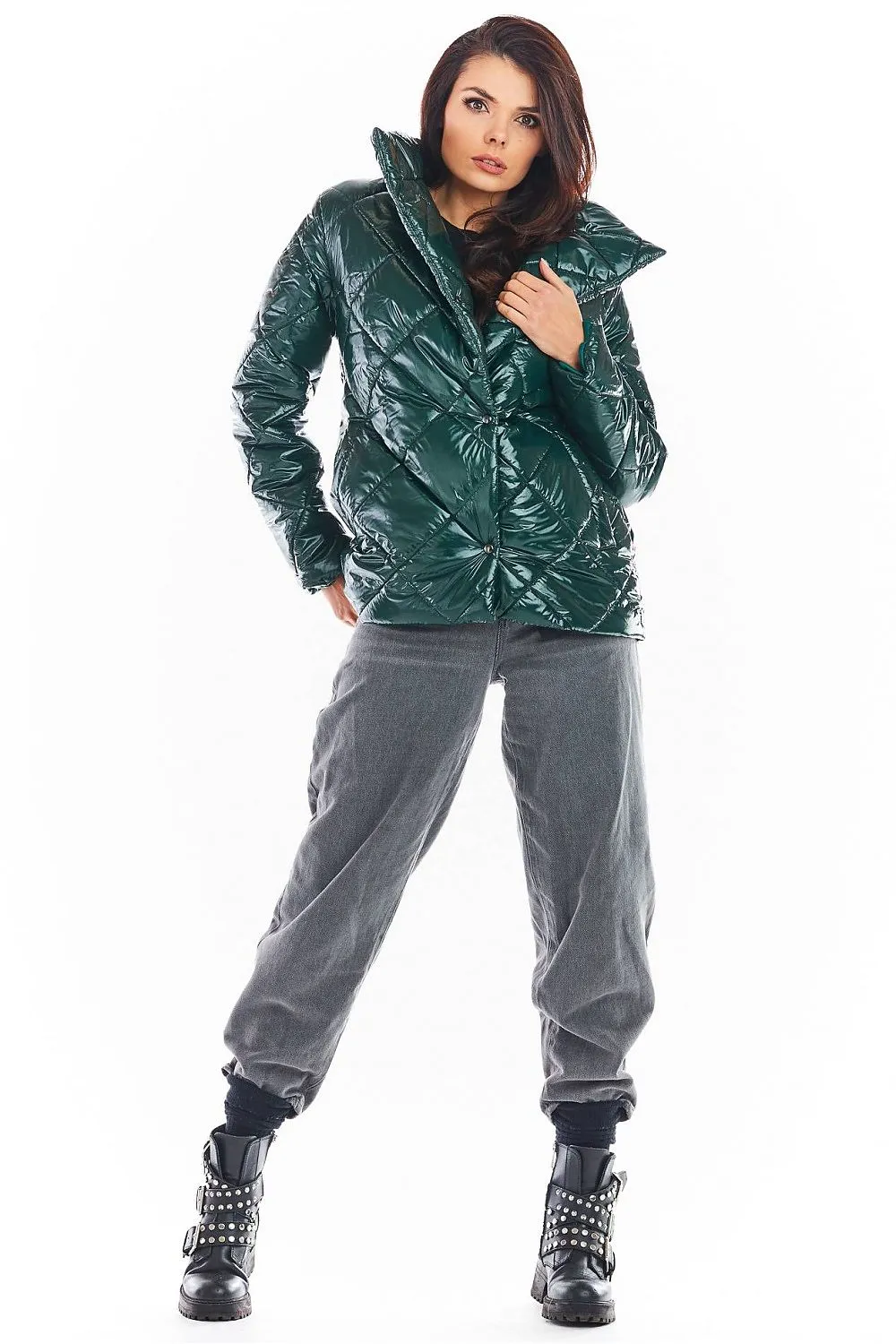 Quilted High-Collar Button Jacket