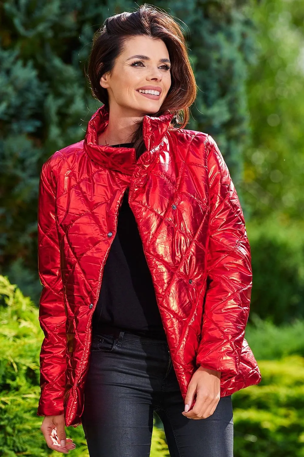 Quilted High-Collar Button Jacket