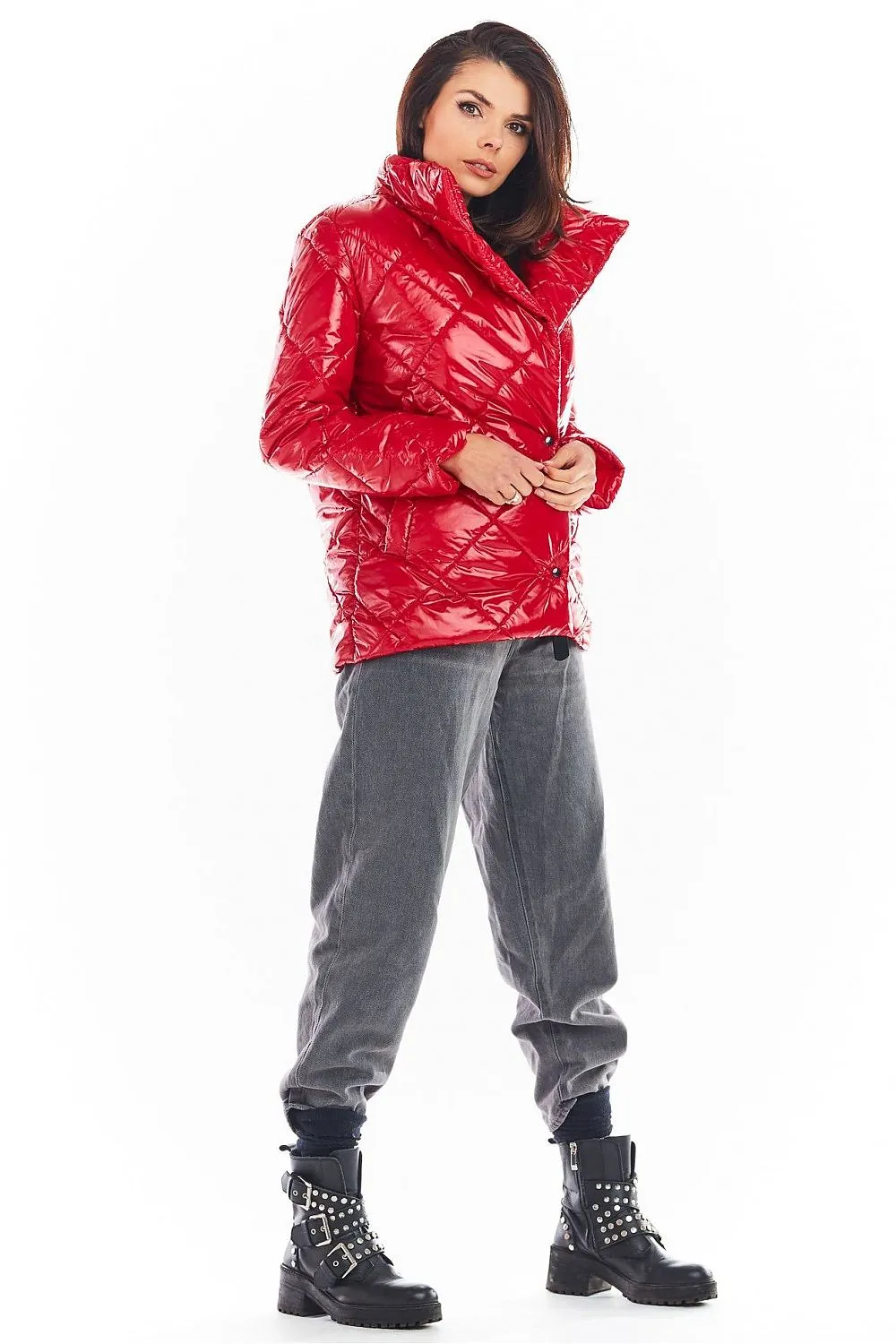 Quilted High-Collar Button Jacket