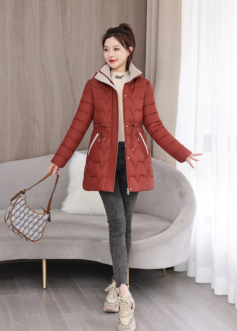 Quilted Women's Puffer Coat with Drawstring Waist and Hood