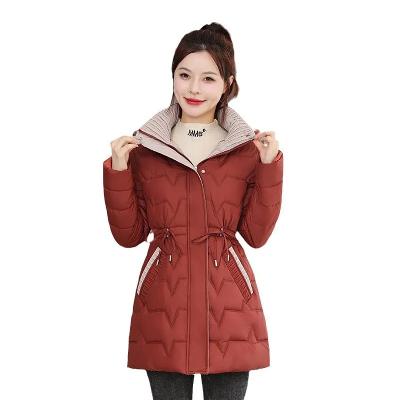 Quilted Women's Puffer Coat with Drawstring Waist and Hood