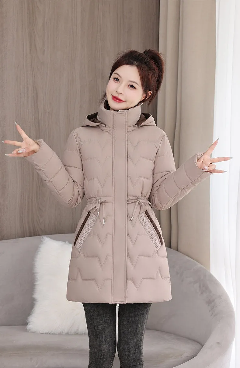 Quilted Women's Puffer Coat with Drawstring Waist and Hood