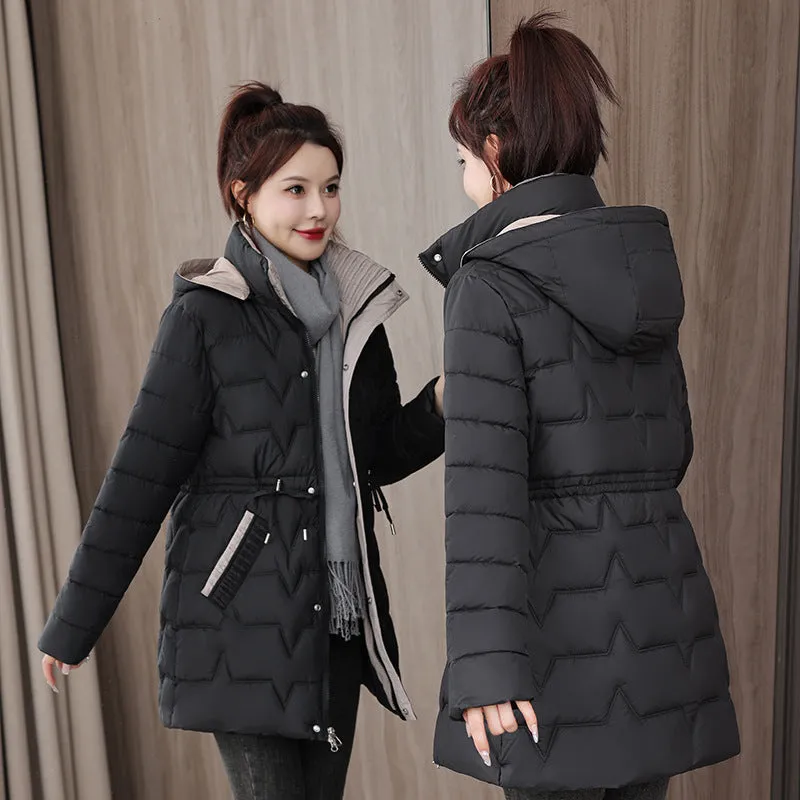 Quilted Women's Puffer Coat with Drawstring Waist and Hood