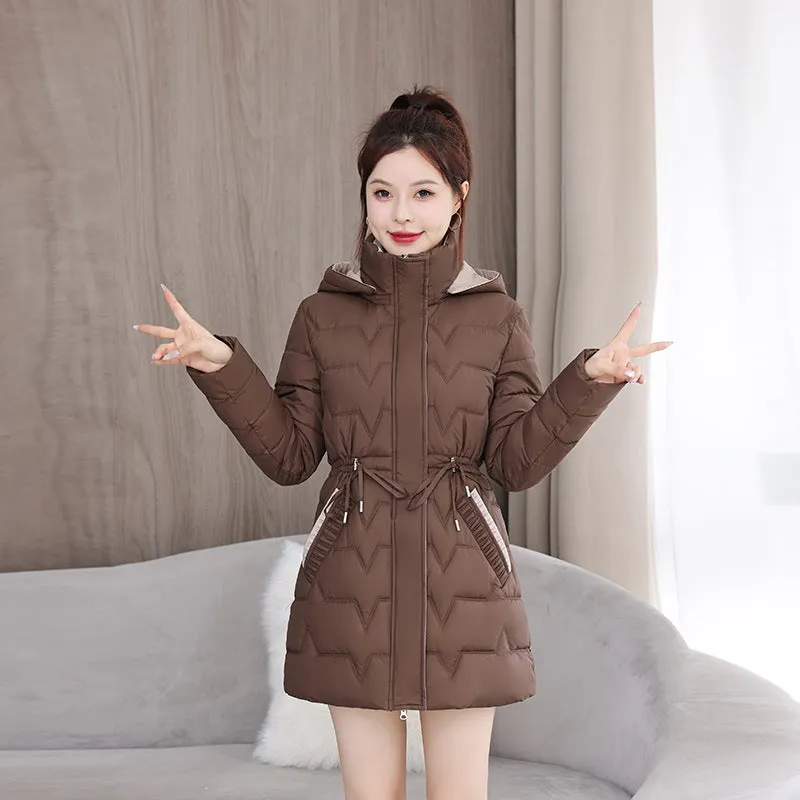 Quilted Women's Puffer Coat with Drawstring Waist and Hood