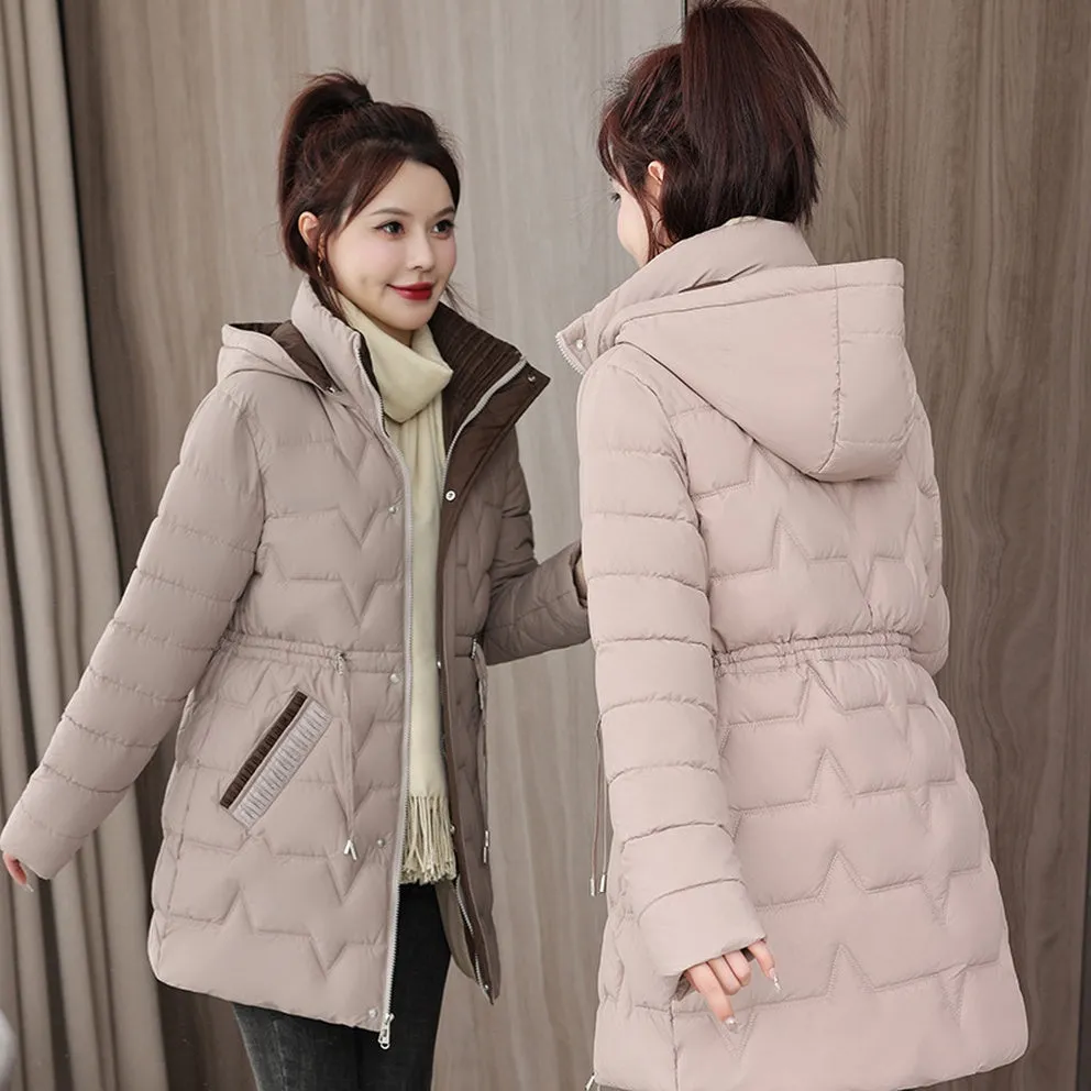 Quilted Women's Puffer Coat with Drawstring Waist and Hood