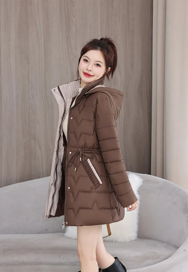 Quilted Women's Puffer Coat with Drawstring Waist and Hood