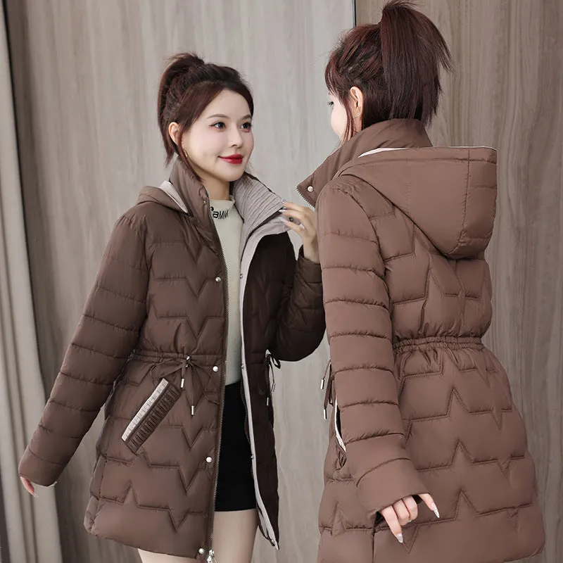 Quilted Women's Puffer Coat with Drawstring Waist and Hood