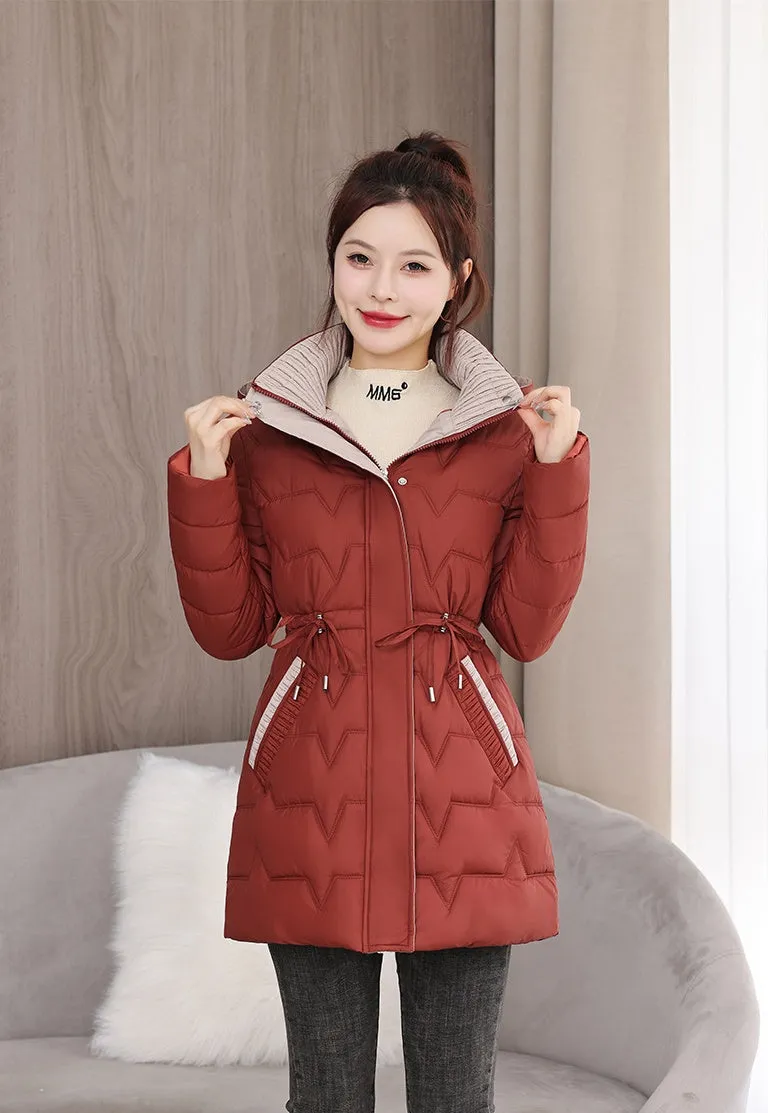 Quilted Women's Puffer Coat with Drawstring Waist and Hood