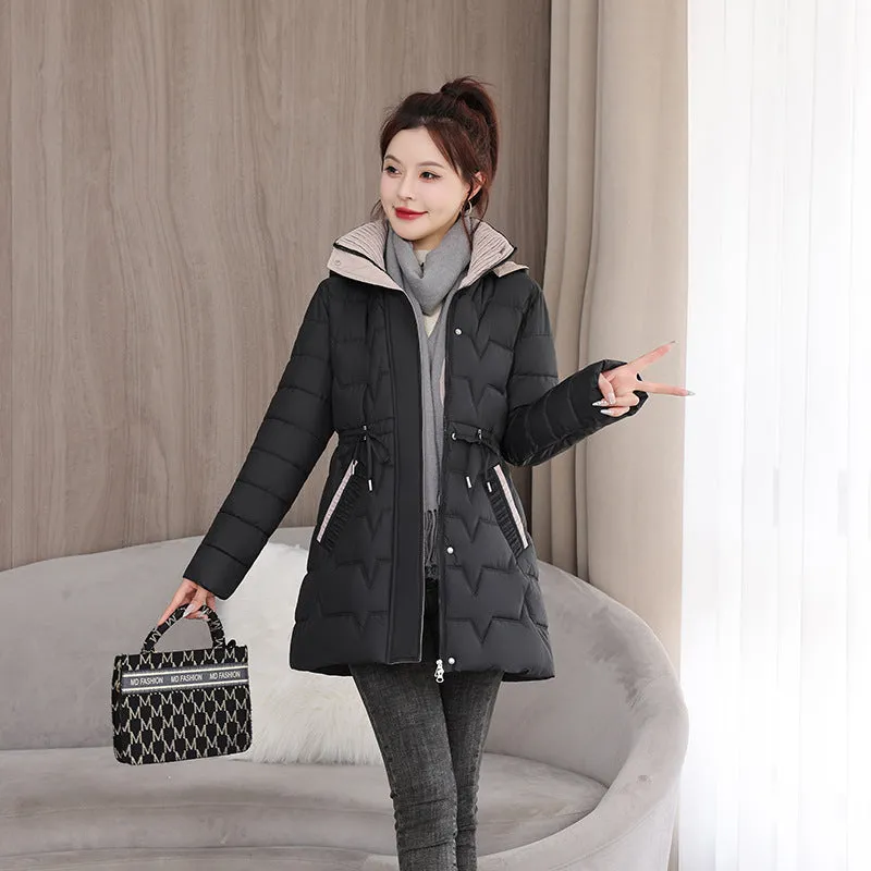 Quilted Women's Puffer Coat with Drawstring Waist and Hood