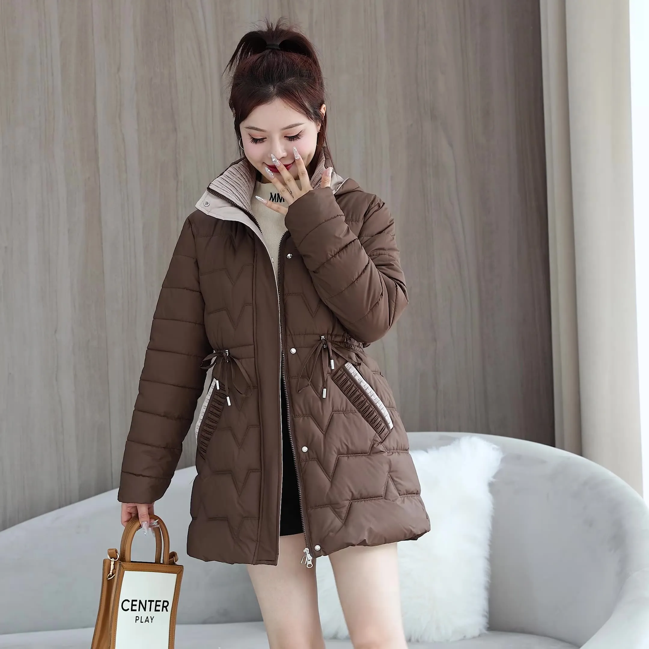 Quilted Women's Puffer Coat with Drawstring Waist and Hood