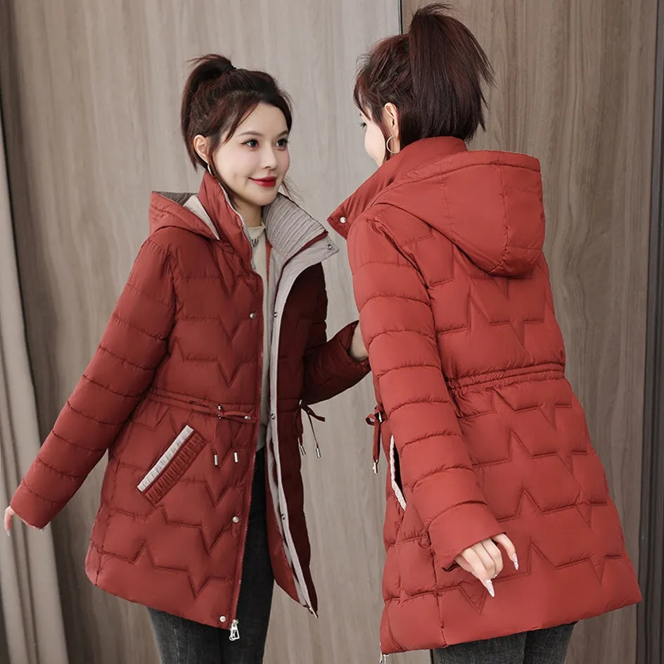 Quilted Women's Puffer Coat with Drawstring Waist and Hood