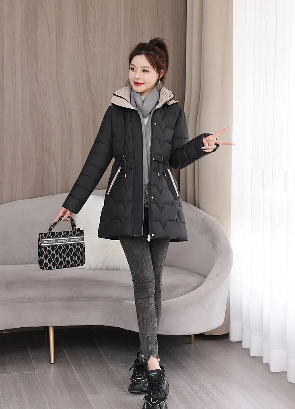 Quilted Women's Puffer Coat with Drawstring Waist and Hood