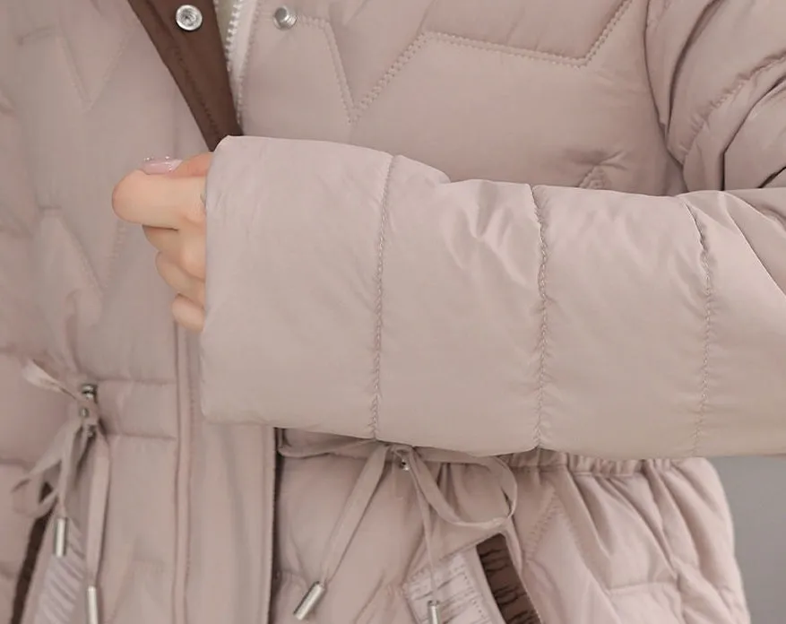 Quilted Women's Puffer Coat with Drawstring Waist and Hood