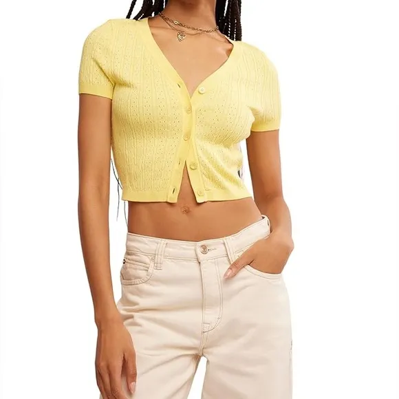 Rabbit Rabbit Rabbit Short Sleeve Yellow Cropped Cardigan | 16