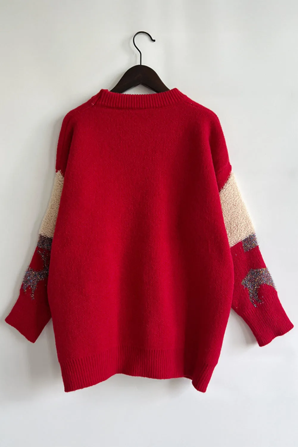 Racing Red Sequin Fuzzy Christmas Tree Tinsel Elk Drop Shoulder Sweater