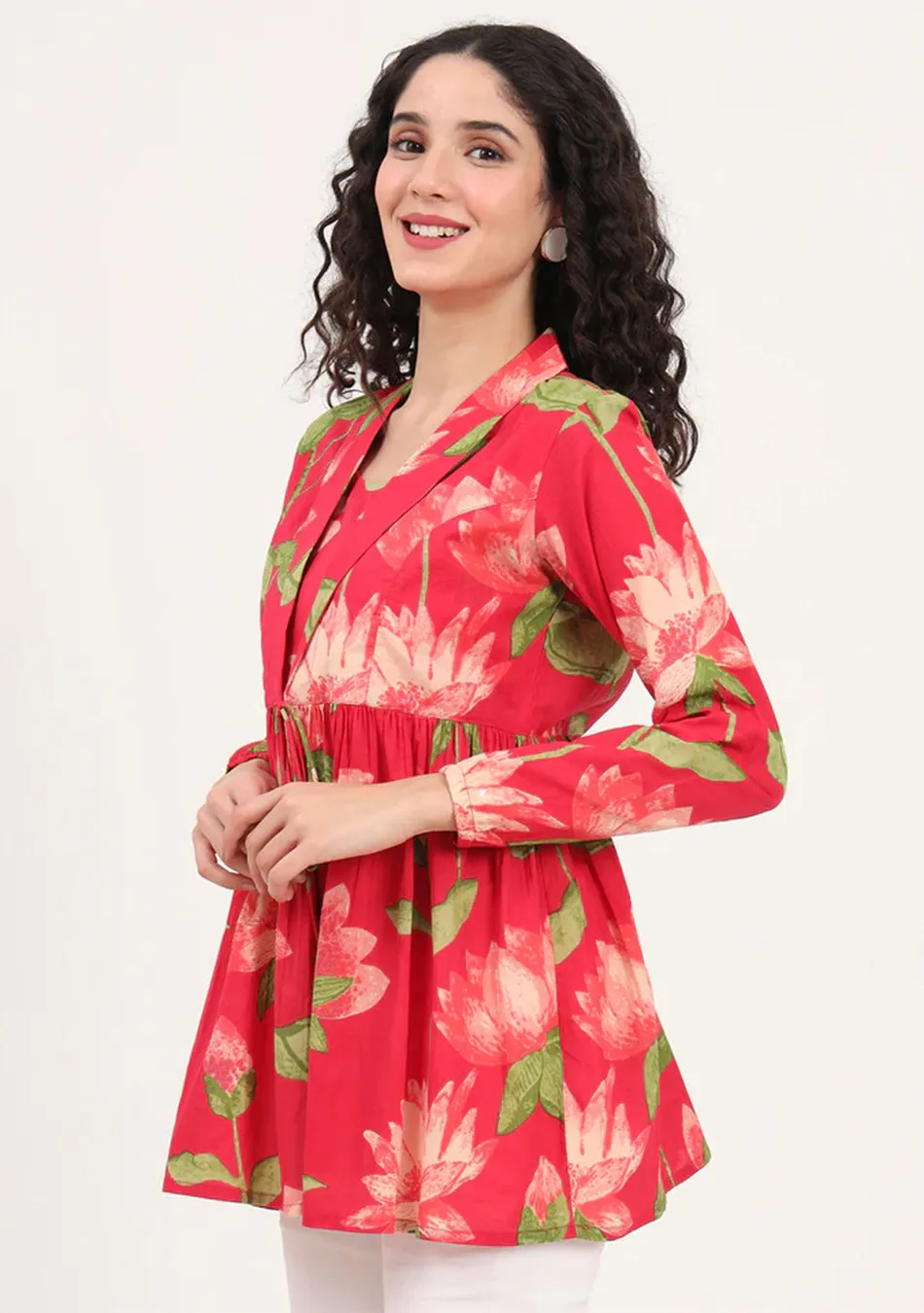 Red Floral Printed Cotton Lepal Neck Peplum Top