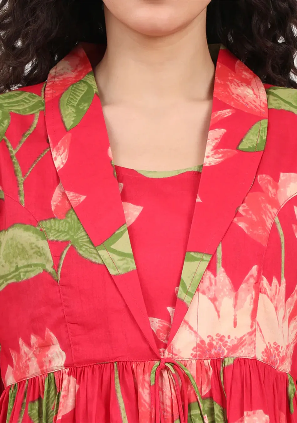 Red Floral Printed Cotton Lepal Neck Peplum Top