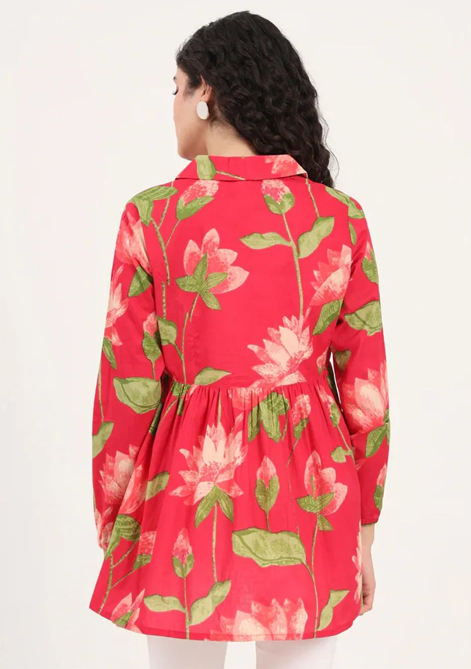 Red Floral Printed Cotton Lepal Neck Peplum Top