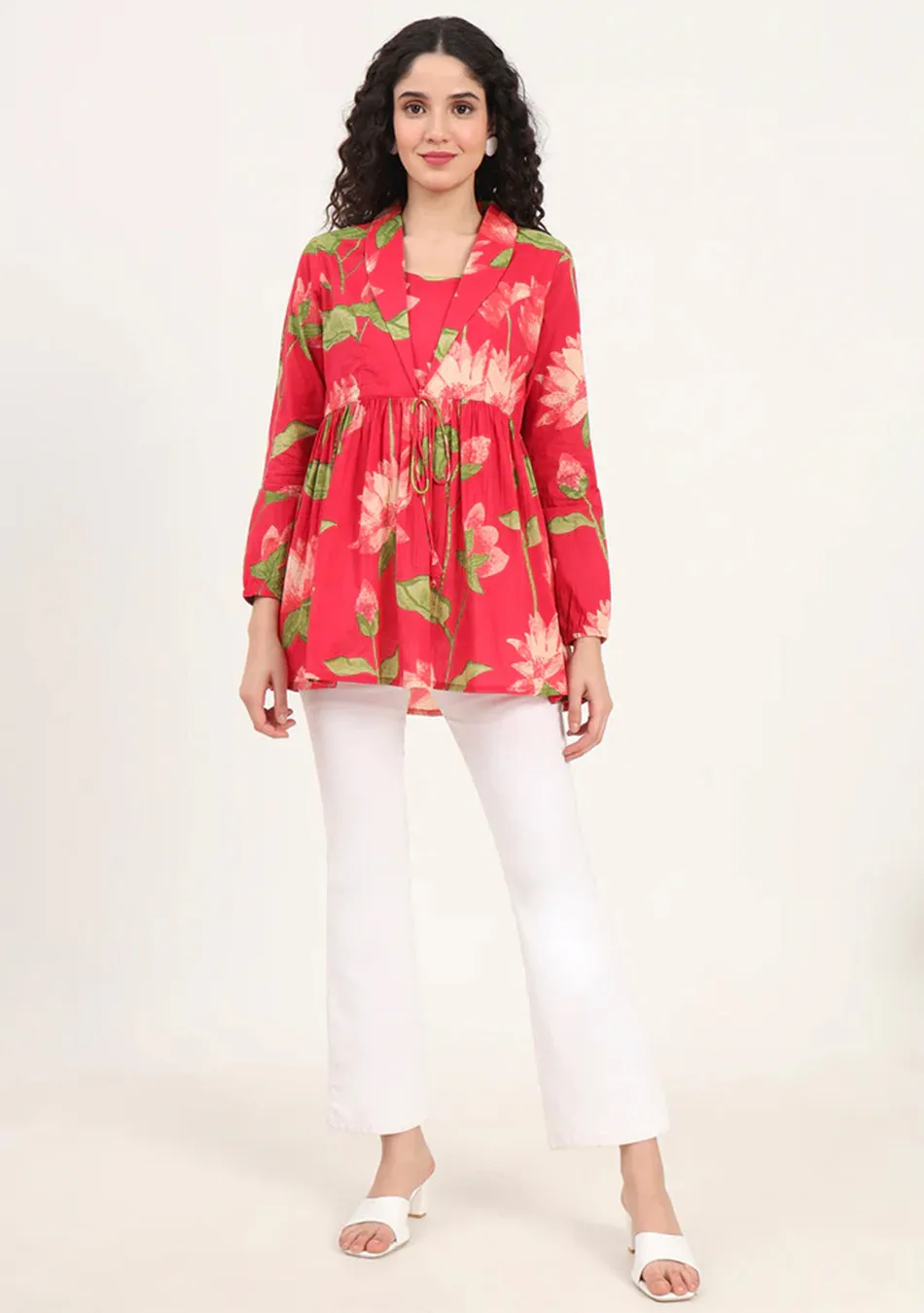 Red Floral Printed Cotton Lepal Neck Peplum Top