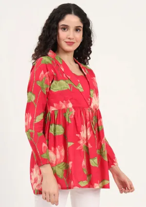 Red Floral Printed Cotton Lepal Neck Peplum Top