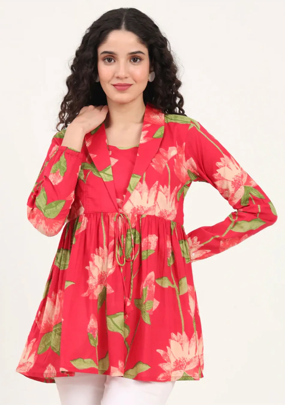 Red Floral Printed Cotton Lepal Neck Peplum Top