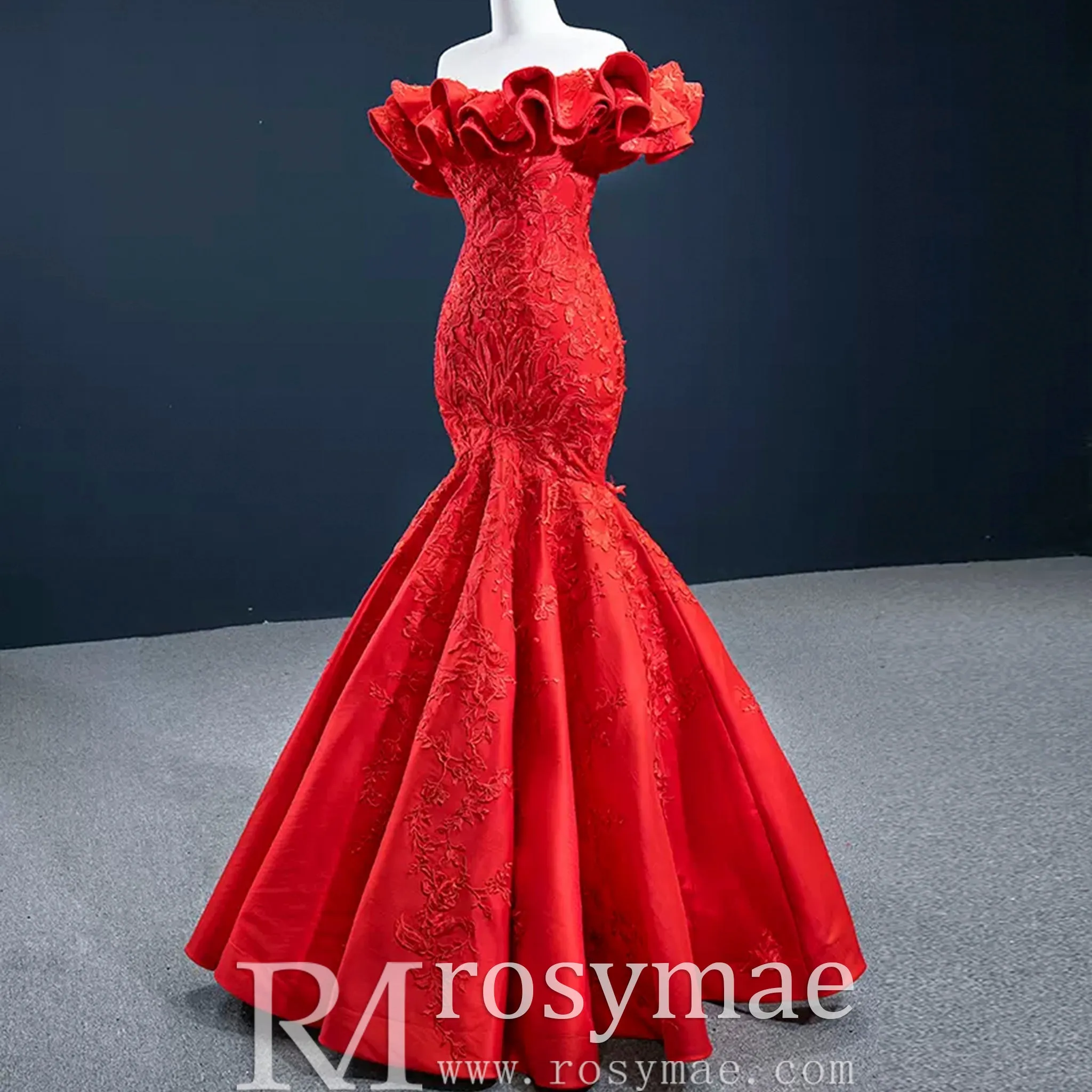 Red Mermaid Satin Off the Shoulder Appliques Ruffles Prom Dress