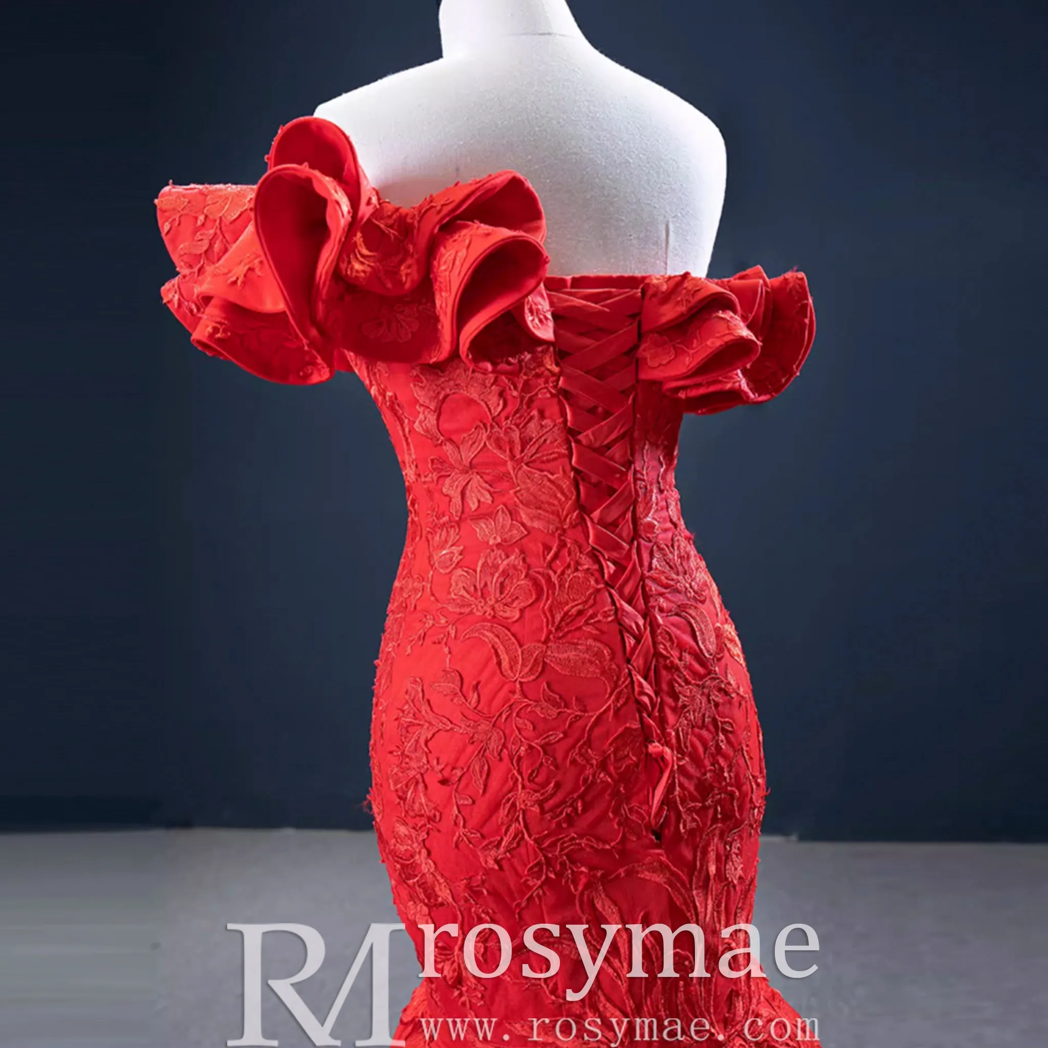 Red Mermaid Satin Off the Shoulder Appliques Ruffles Prom Dress