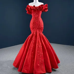 Red Mermaid Satin Off the Shoulder Appliques Ruffles Prom Dress