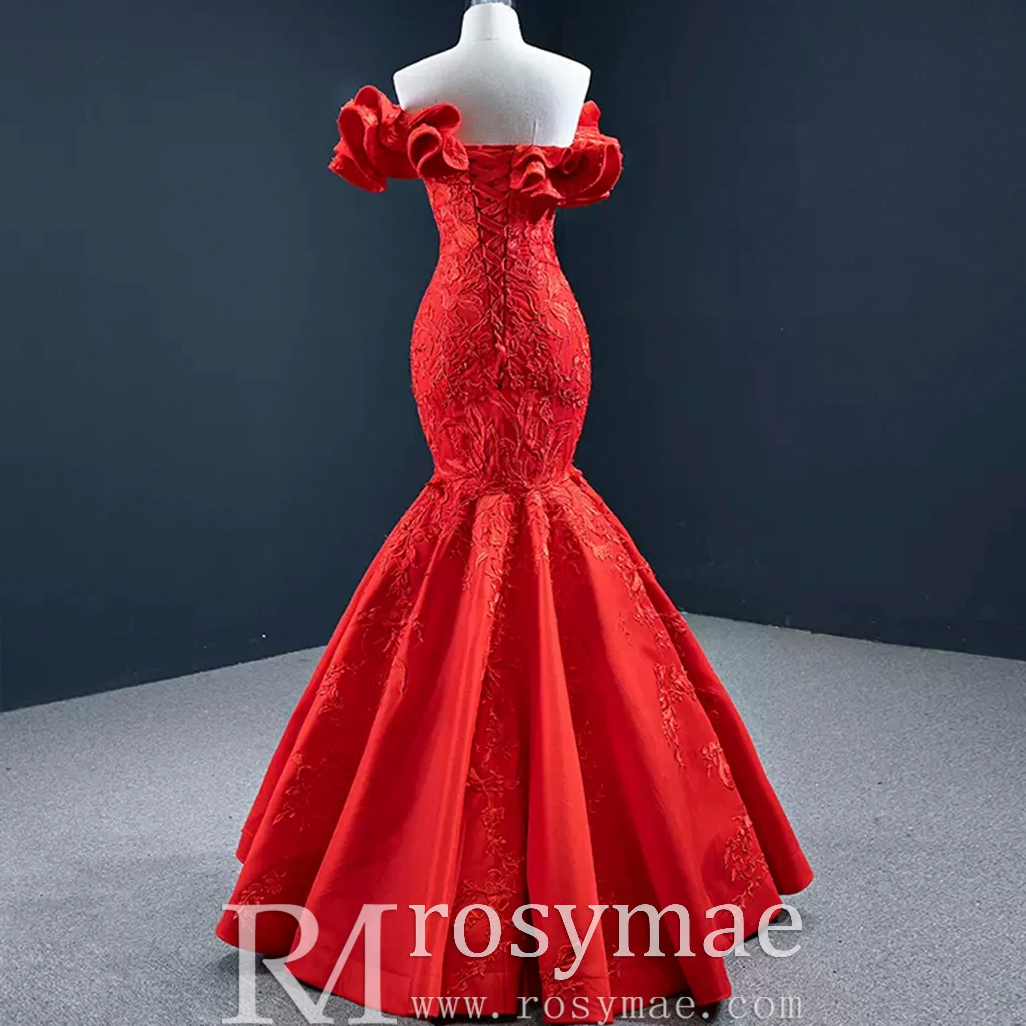 Red Mermaid Satin Off the Shoulder Appliques Ruffles Prom Dress